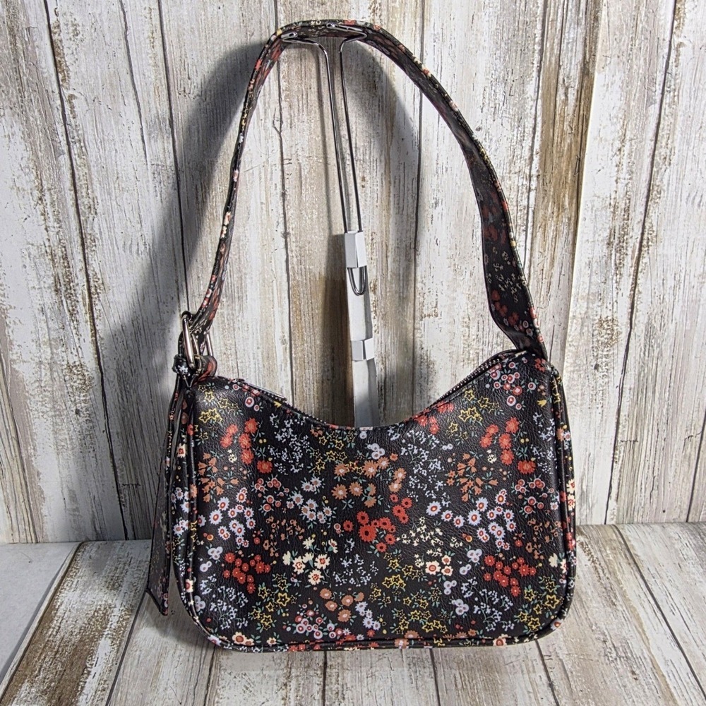 Floral Print Faux Leather Shoulder Bag Black Wildflower 90s Baguette Purse - Picture 2 of 5